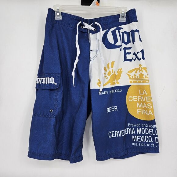 Corona Beer Board Shorts Mens Small Swim Trunks Embroidered Blue Yellow Pocket - Picture 1 of 12